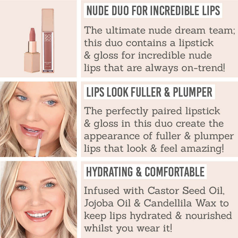 SOSU Birthday Suit Lip Duo Incredible Nude Lips Beauty And The Boutique Lipglaze Lipstick Birthday Suit Alt Images2 1024x1024