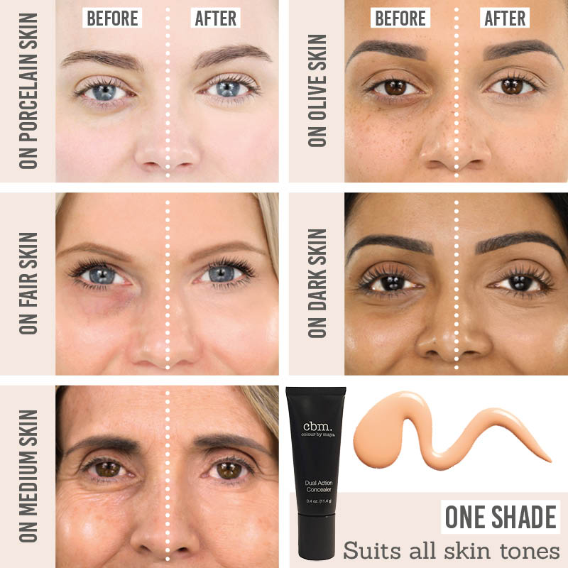 Colour By Maya Dual Action Concealer before and after results on different skin tones