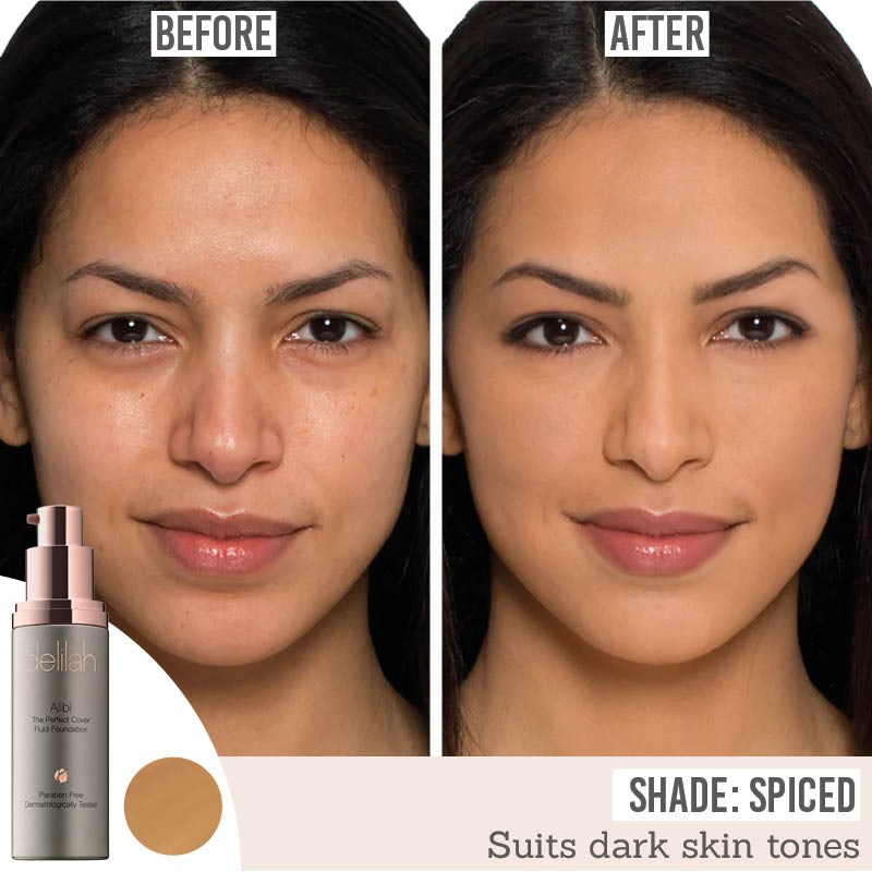 delilah Alibi The Perfect Cover Fluid Foundation before and after results on dark skin tones