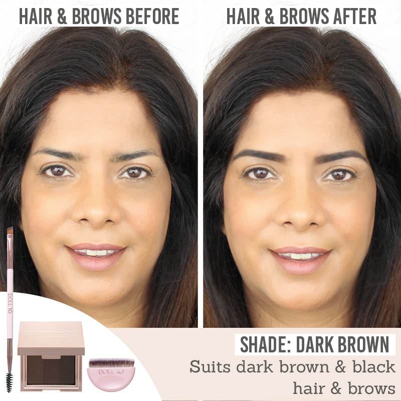 Doll 10 OverARCHiever Multi-Dimensional Volume Powder for Brows & Hair before and after results on dark brown hair and brows