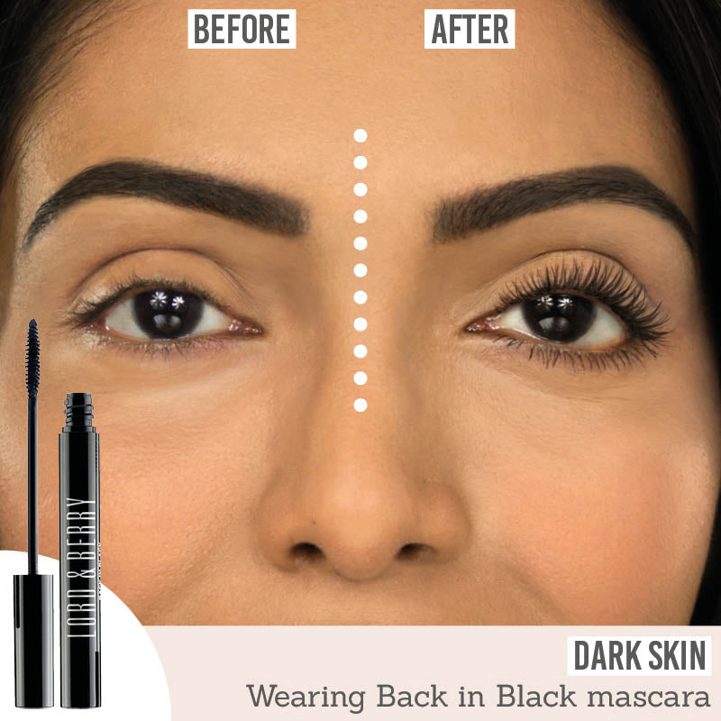 Lord And Berry Back In Black Mascara before and after result on dark skin tone