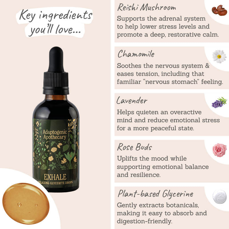 Adaptogenic Apothecary 'Exhale' Glycerite Drops Key Ingredients - Reishi mushroom, chamomile, lavender, rose buds, plant-based glycerine