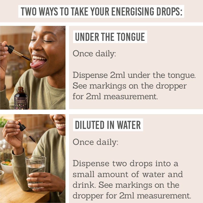 Two ways to take your Adaptogenic Apothecary ‘Inhale’ Energising Glycerite Drops - under the tongue or diluted in water
