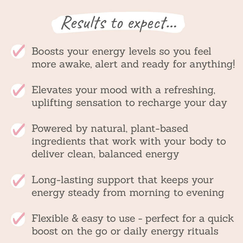 Results to expect - boosted energy levels, elevated mood, natural ingredients for balanced energy, long-lasting support, easy to use