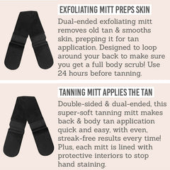 Back and Body Tanning & Exfoliating Mitt Duo description - exfoliating mitt preps skin, tanning mitt applies the tan
