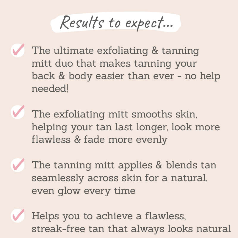 Results to expect - makes tanning back & body easy without help, tan lasts longer & looks flawless, blends seamlessly for even glow & streak-free tan