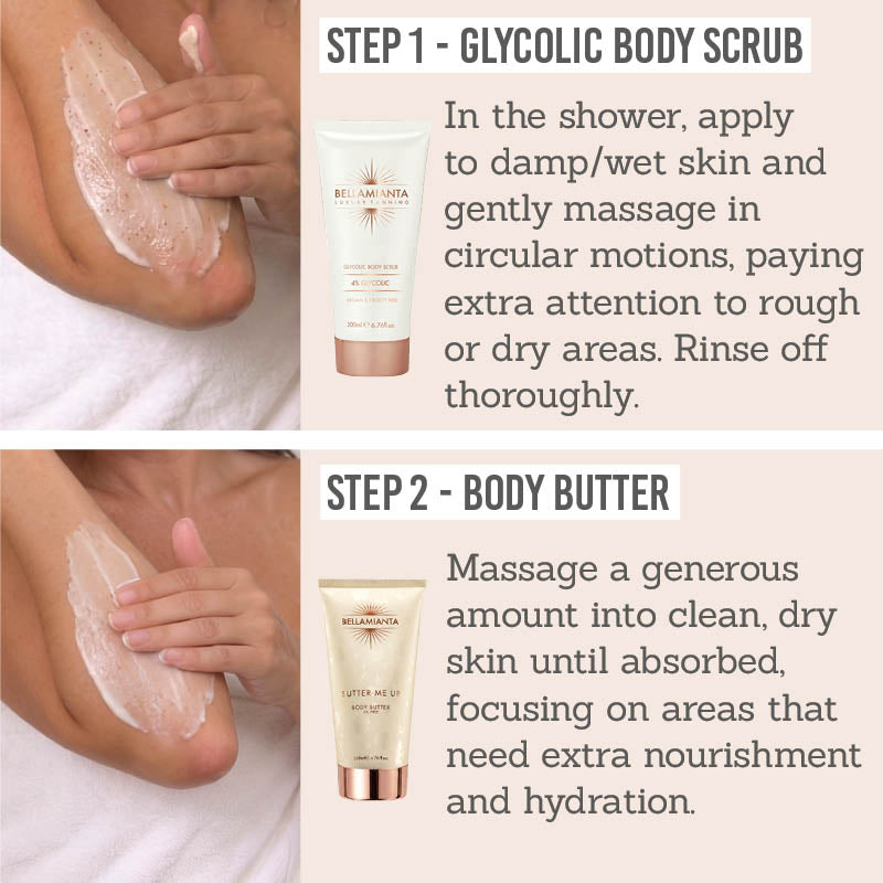 Bellamianta Smoothing Body Duo - How to use - Step 1 Glycolic Body Scrub, Step 2 Body Butter