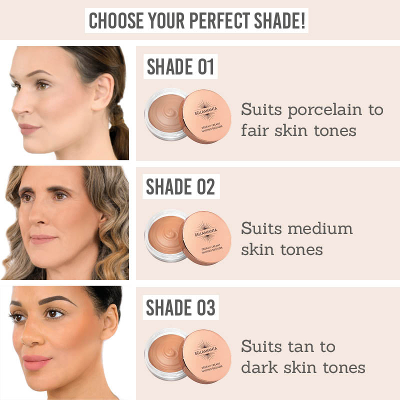 Bellamianta Dreamy Creamy Whipped Bronzer on different skin tones in shade 01, shade 02 & shade 03