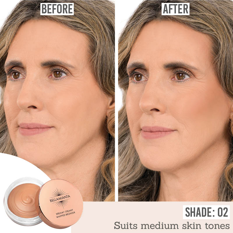 Bellamianta Dreamy Creamy Whipped Bronzer in shade 02 before and after results on medium skin