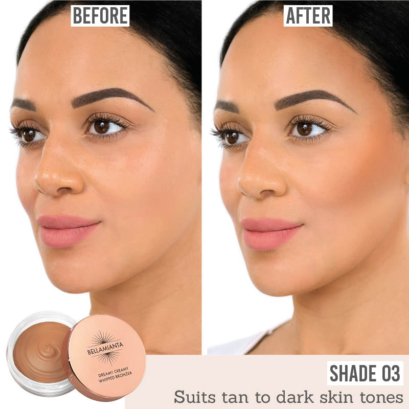Bellamianta Dreamy Creamy Whipped Bronzer in shade 03 before and after results on tan to dark skin