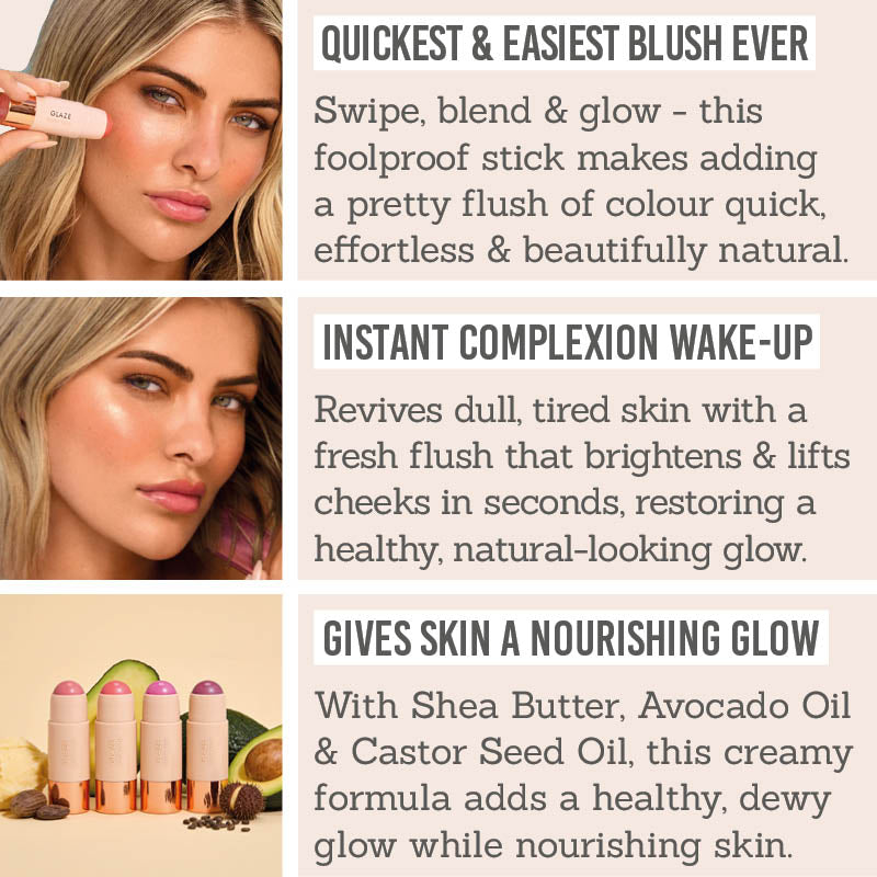 Bellamianta Glaze Blush Balm Key Benefits - Quickest & easiest blush ever, instant complexion wake-up, gives skin a nourishing glow