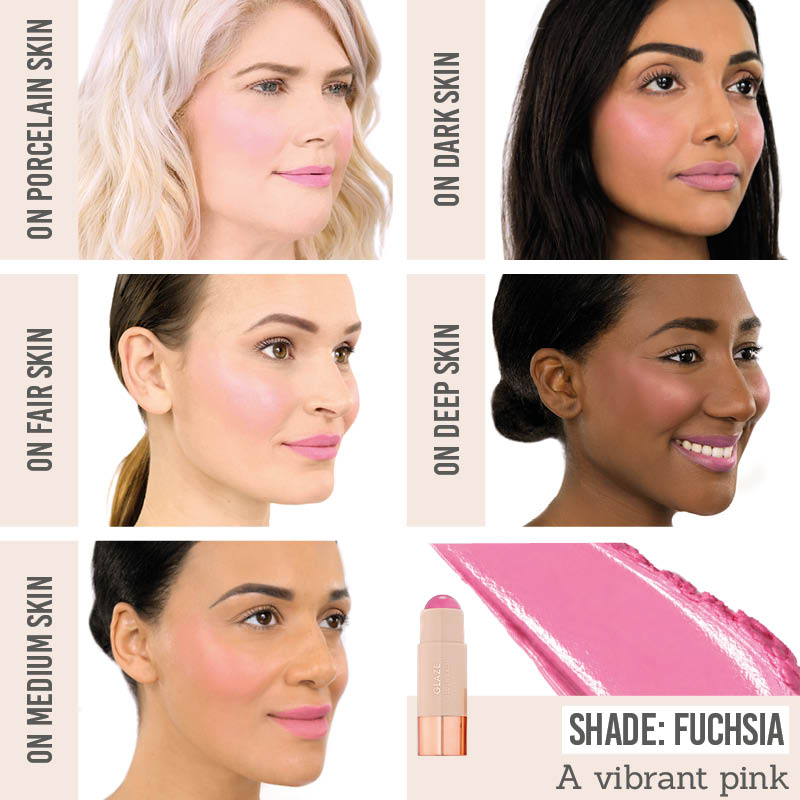 Bellamianta Glaze Blush Balm in shade 'Fuchsia' on different skin tones