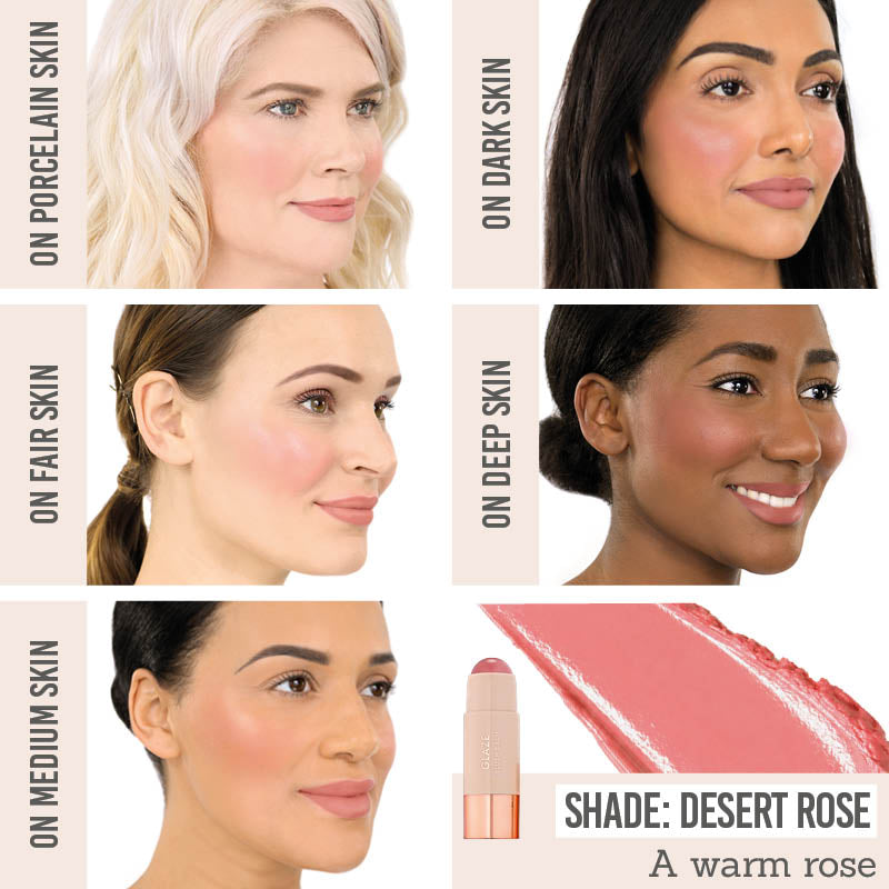 Bellamianta Glaze Blush Balm in shade 'Desert Rose' on different skin tones