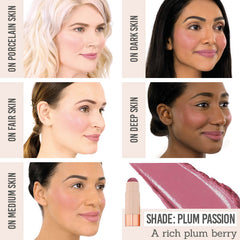Bellamianta Glaze Blush Balm in shade 'Plum Passion' on different skin tones
