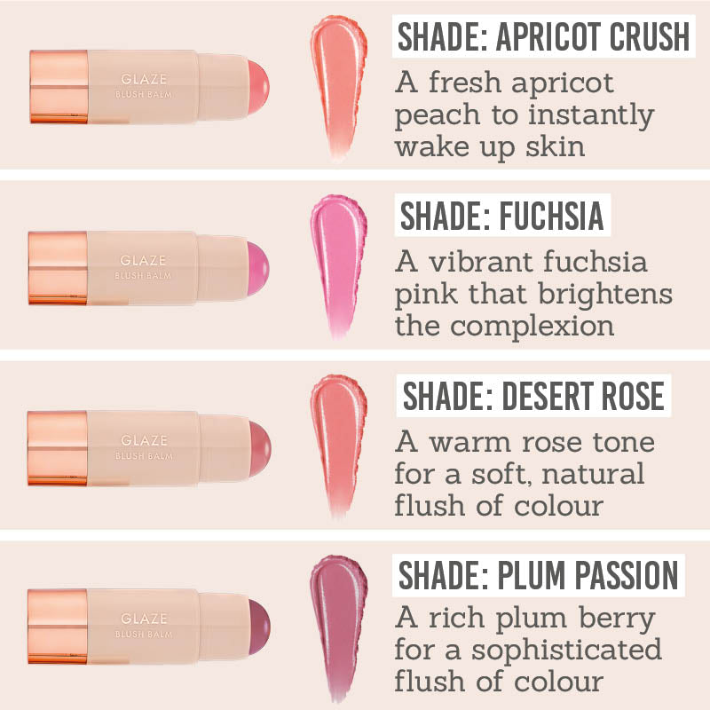 Bellamianta Glaze Blush Balm all shade descriptions - Apricot Crush, Fuchsia, Desert Rose & Plum Passion