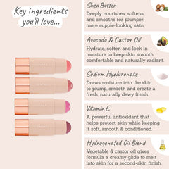 Bellamianta Glaze Blush Balm Key Ingredients - Shea butter, avocado & castor oil, sodium hyaluronate, vitamin e, hydrogenated oil blend