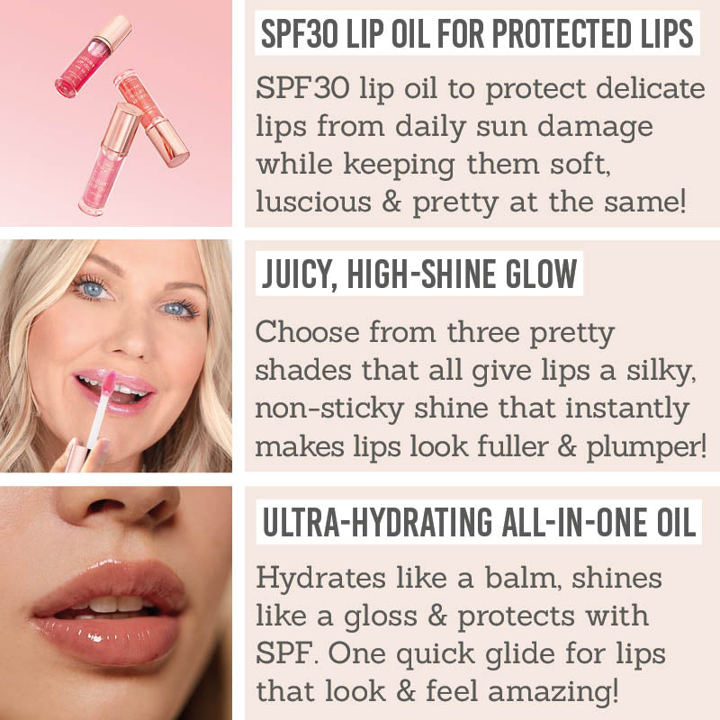 Bellamianta Luxury Lip Oil Key Benefits - SPF30 lip oil for protected lips, juicy, high shine glow, ultra-hydrating all-in-one oil