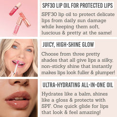 Bellamianta Luxury Lip Oil Key Benefits - SPF30 lip oil for protected lips, juicy, high shine glow, ultra-hydrating all-in-one oil