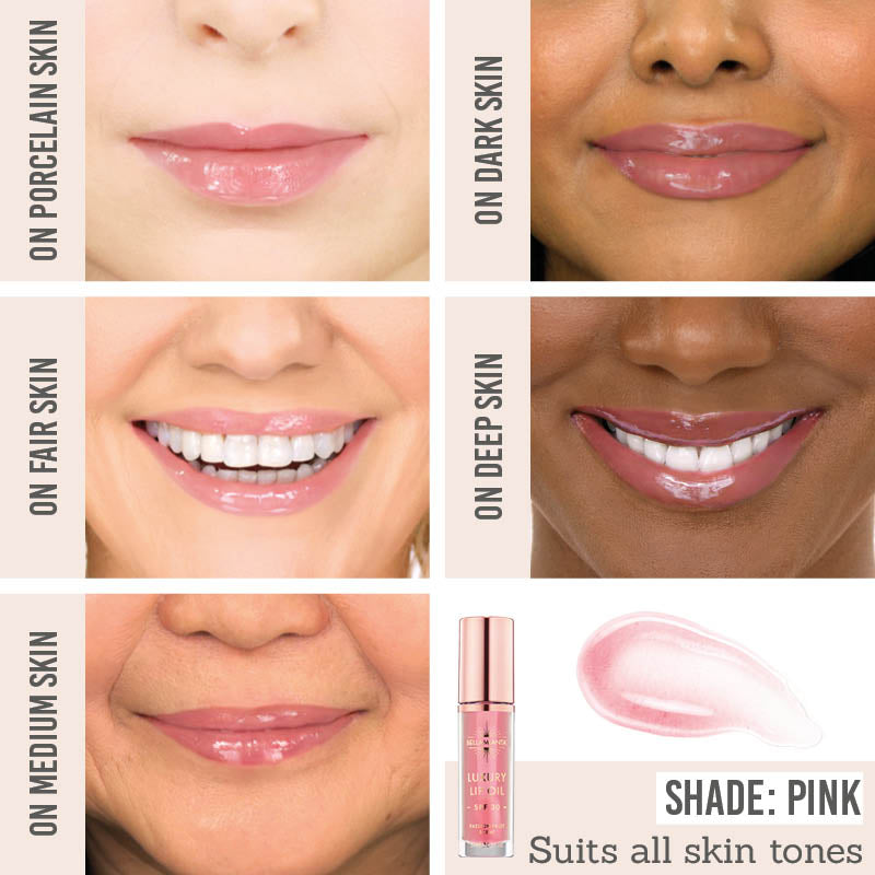 Bellamianta Luxury Lip Oil  in shade Pink on different skin tones