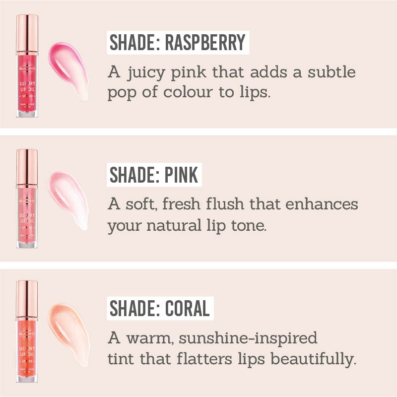 Bellamianta Luxury Lip Oil  in Raspberry, Pink & Coral shade descriptions