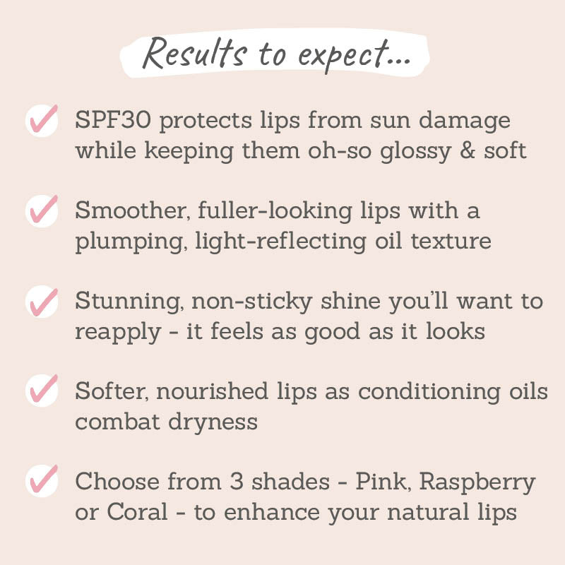 Results to expect - SPF30 protects lips from sun damage, smoother, plumper lips, non-sticky shine, soft & nourished, 3 shades