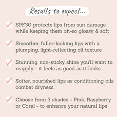 Results to expect - SPF30 protects lips from sun damage, smoother, plumper lips, non-sticky shine, soft & nourished, 3 shades