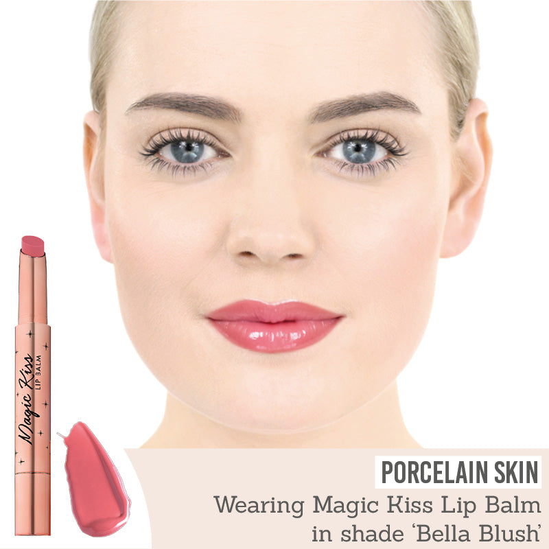 Bellamianta Magic Kiss Lip Balm in Bella Blush on porcelain skin