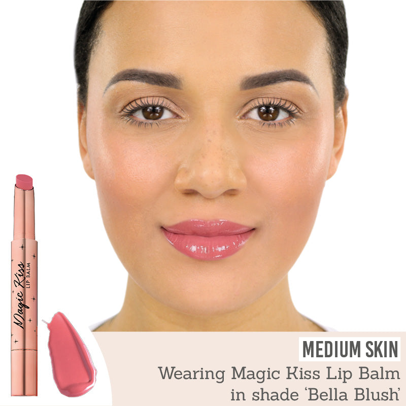 Bellamianta Magic Kiss Lip Balm in Bella Blush on medium skin