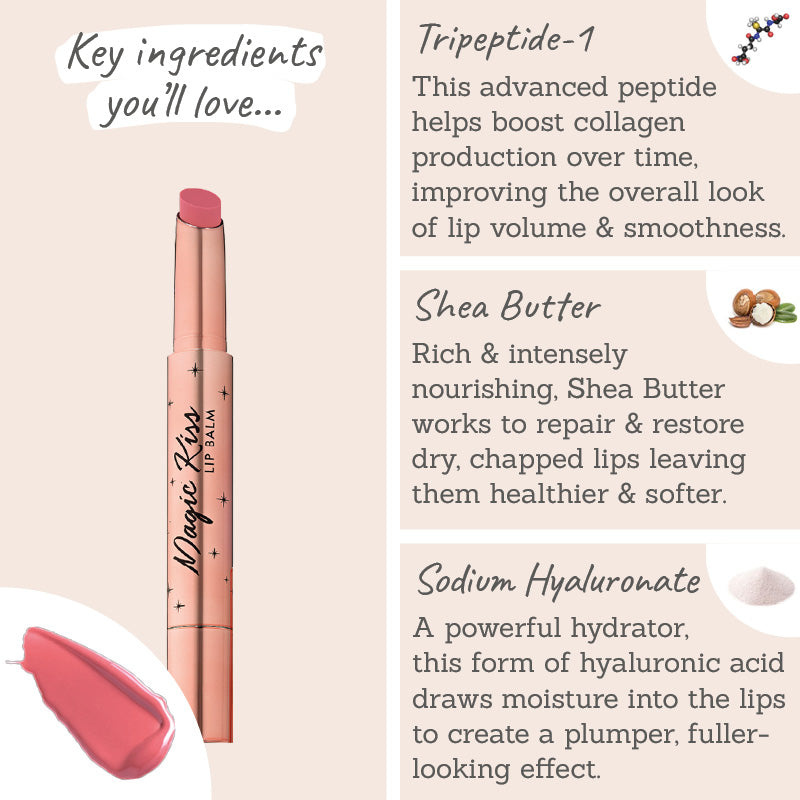 Bellamianta Magic Kiss Lip Balm in Bella Blush Key Ingredients - Tripeptide-1, shea butter, sodium hyaluronate