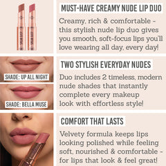 Bellamianta Speak Easy Modern Lip Duo Key Benefits - Must-have creamy nude lip duo, two stylish everyday nudes, comfort that lasts