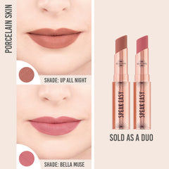 Bellamianta Speak Easy Modern Lip Duo in shades Up All Night and Bella Muse on porcelain skin