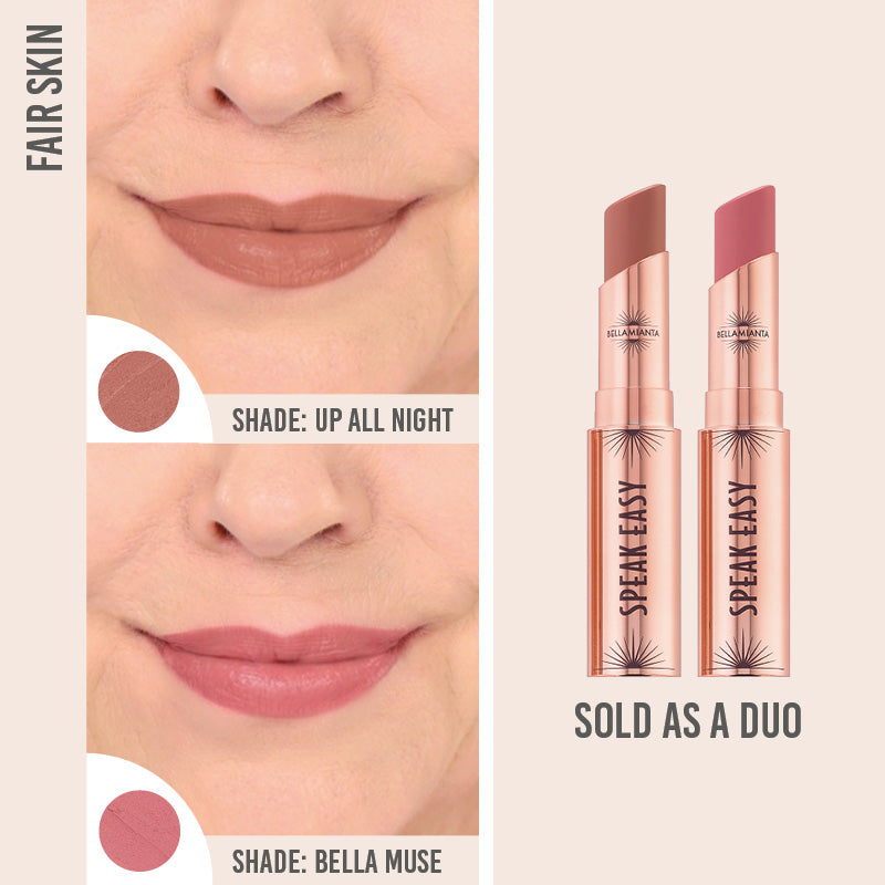 Bellamianta Speak Easy Modern Lip Duo in shades Up All Night and Bella Muse on fair skin
