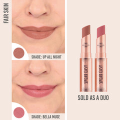 Bellamianta Speak Easy Modern Lip Duo in shades Up All Night and Bella Muse on fair skin