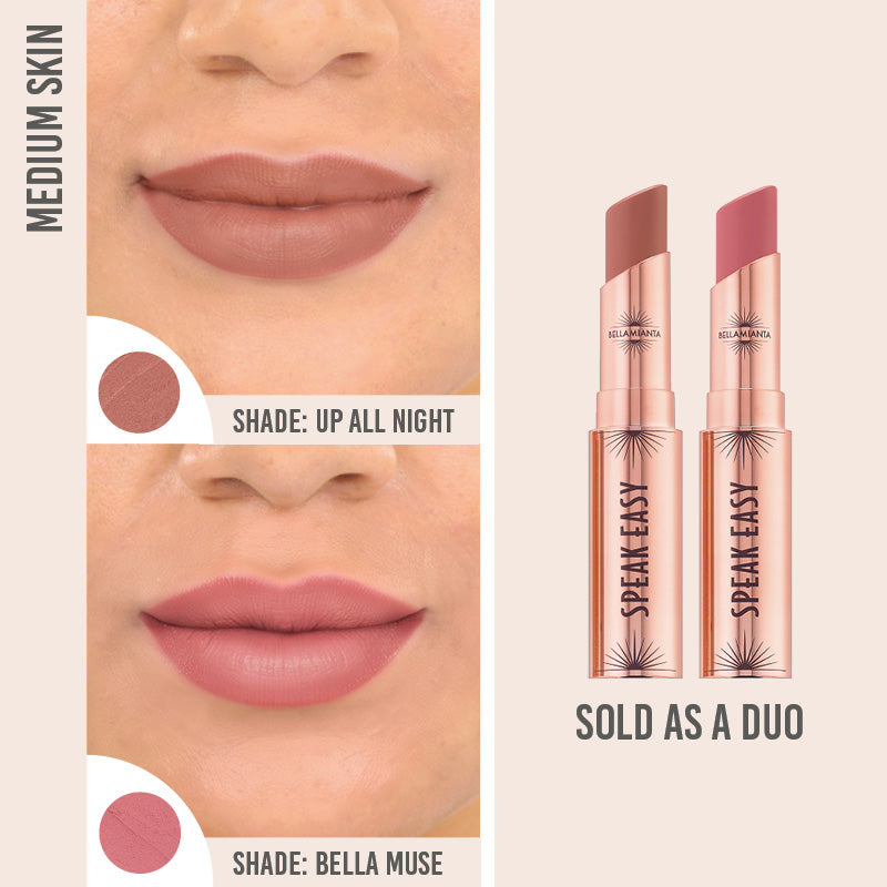 Bellamianta Speak Easy Modern Lip Duo in shades Up All Night and Bella Muse on medium skin