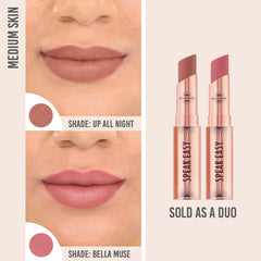 Bellamianta Speak Easy Modern Lip Duo in shades Up All Night and Bella Muse on medium skin