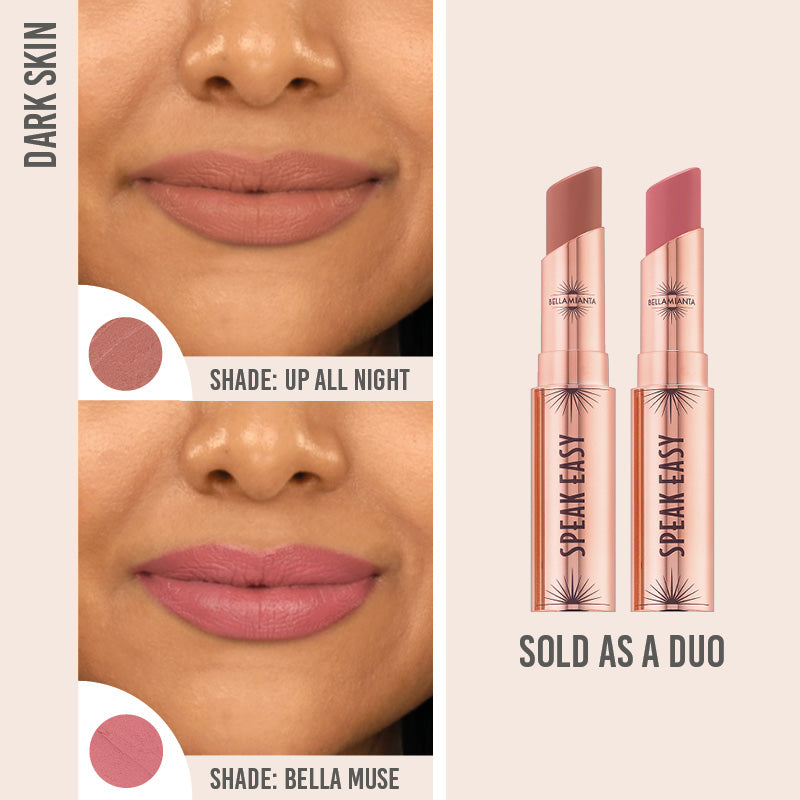 Bellamianta Speak Easy Modern Lip Duo in shades Up All Night and Bella Muse on dark skin