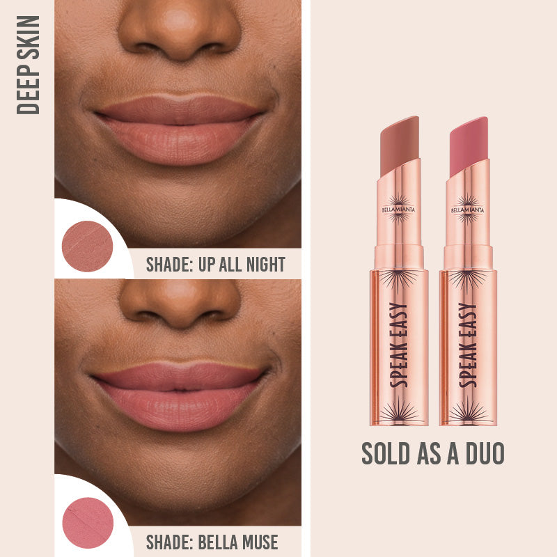 Bellamianta Speak Easy Modern Lip Duo in shades Up All Night and Bella Muse on deep skin
