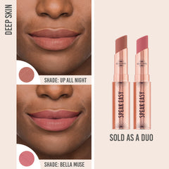 Bellamianta Speak Easy Modern Lip Duo in shades Up All Night and Bella Muse on deep skin