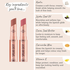 Bellamianta Speak Easy Modern Lip Duo Key Ingredients - Kaolin, jojoba seed oil, cocoa butter, carnauba wax, vitamin E