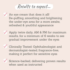 Results to expect - de-puff, smooth & brighten under-eyes for youthful appearance when used twice daily, clinically tested, proven results