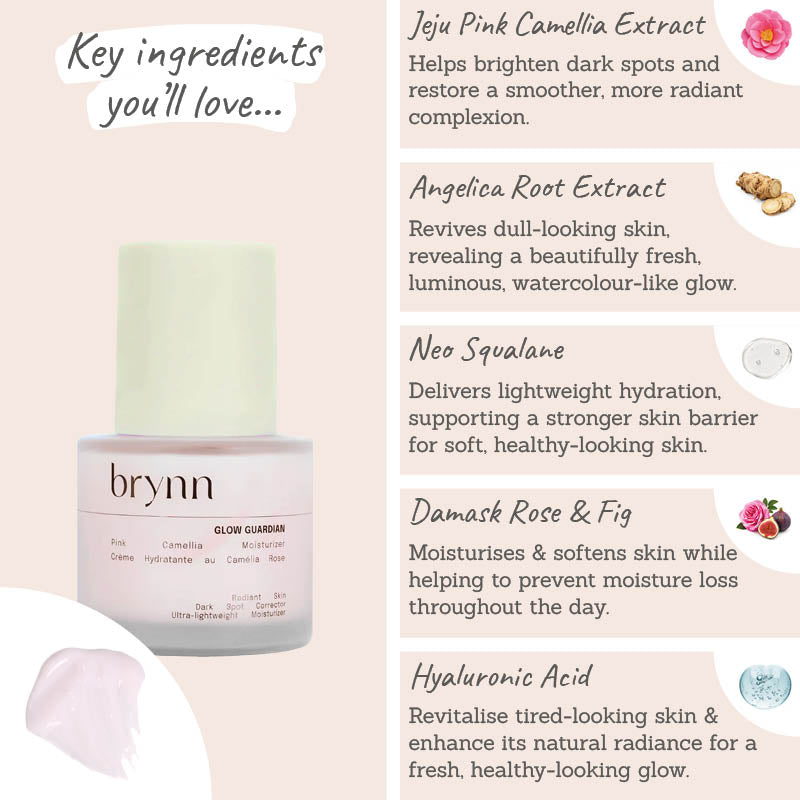 Brynn Pink Camellia Moisturiser Key ingredients - Jeju pink camellia extract, angelica root extract, neo squalane, damask rose & fig, hyaluronic acid