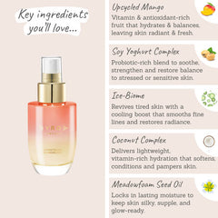 Byroe Mango Yoghurt Balancing Mist key ingredients - upcycled mango, soy yoghurt complex, ice biome, coconut complex, meadowfoam seed oil