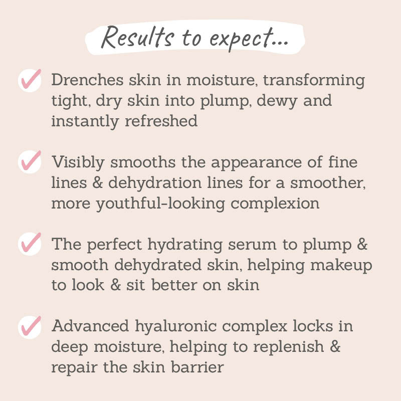 Results to expect - transforms dry skin into plump & dewy, smooths fine lines & dehydrated skin, helps makeup sit better, hyaluronic locks in deep moisture