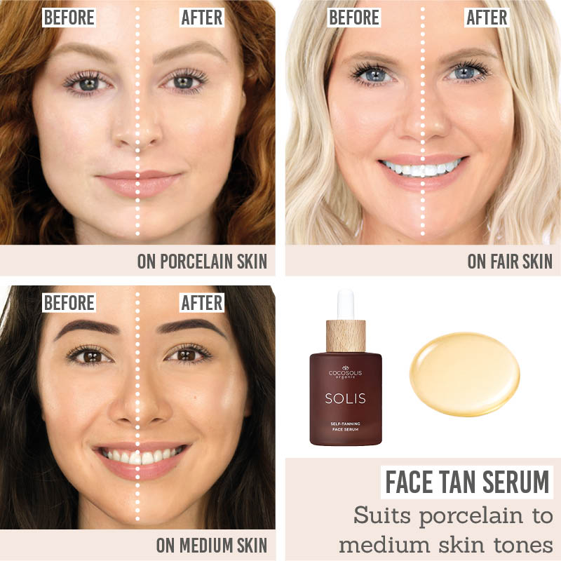 Cocosolis SOLIS Self-Tanning Face Serum on different skin tones from porcelain to medium