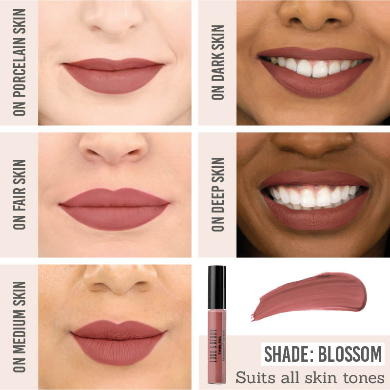 Lord & Berry Kissproof Lipstick in shade 'Blossom' on different skin tones