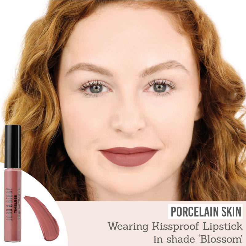 Lord & Berry Kissproof Lipstick in shade 'Blossom' on porcelain skin