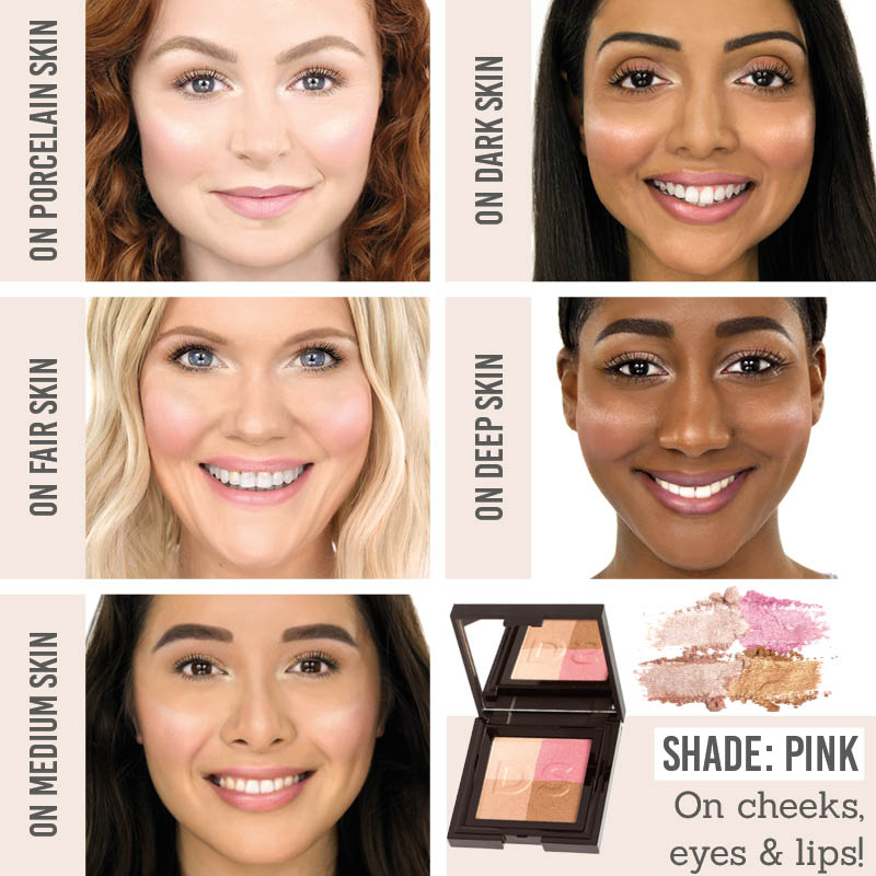 Daniel Sandler Illuminating Face Powder in shade Pink on different skin tones