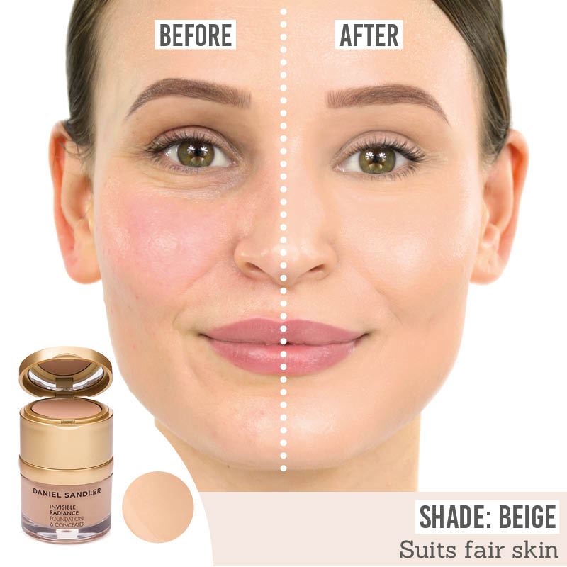Daniel Sandler Radiance Foundation and Concealer in shade Beige before and after results on fair skin