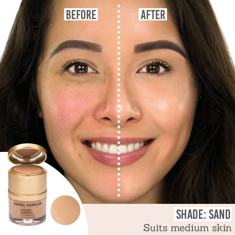 Daniel Sandler Radiance Foundation and Concealer in shade Sand before and after results on medium skin