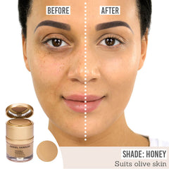 Daniel Sandler Radiance Foundation and Concealer in shade Honey before and after results on olive skin